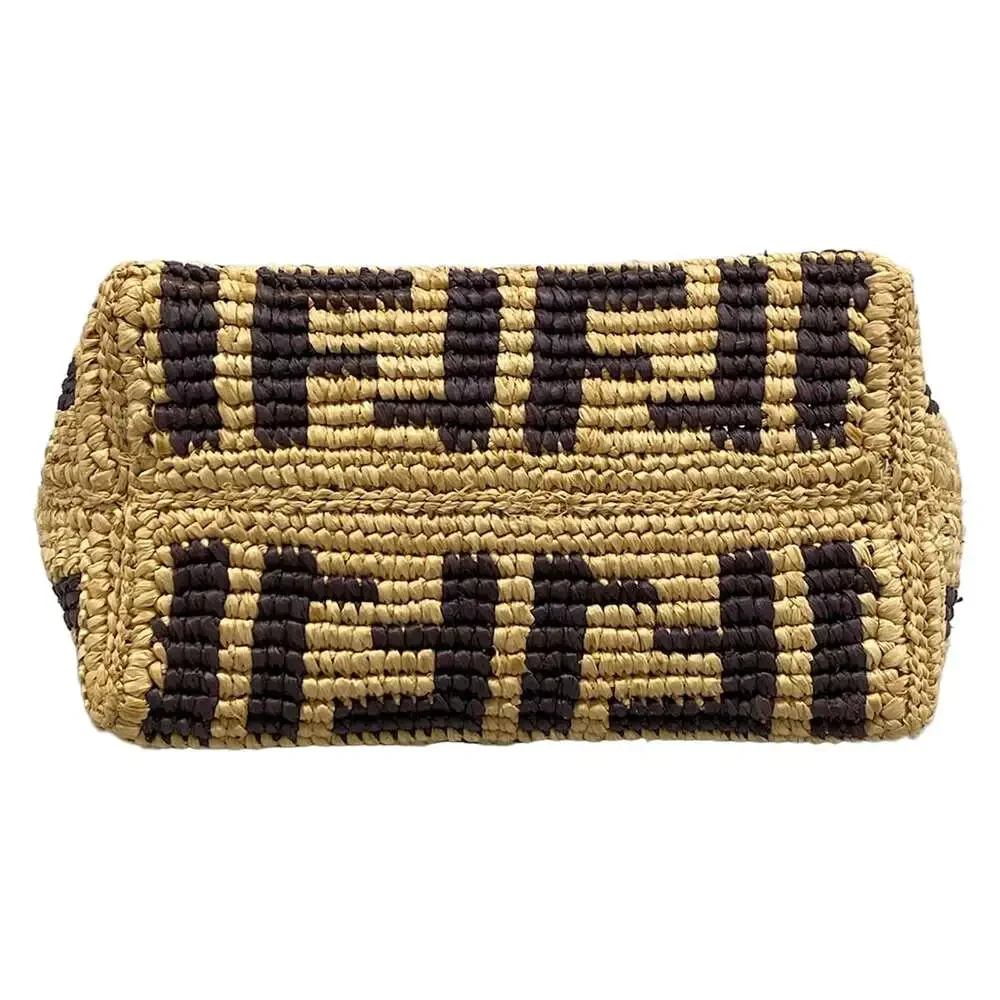 Fendi Roll Mini, Zucca Pattern Handbag 8BS096 Beige Dark Brown Straw Leather